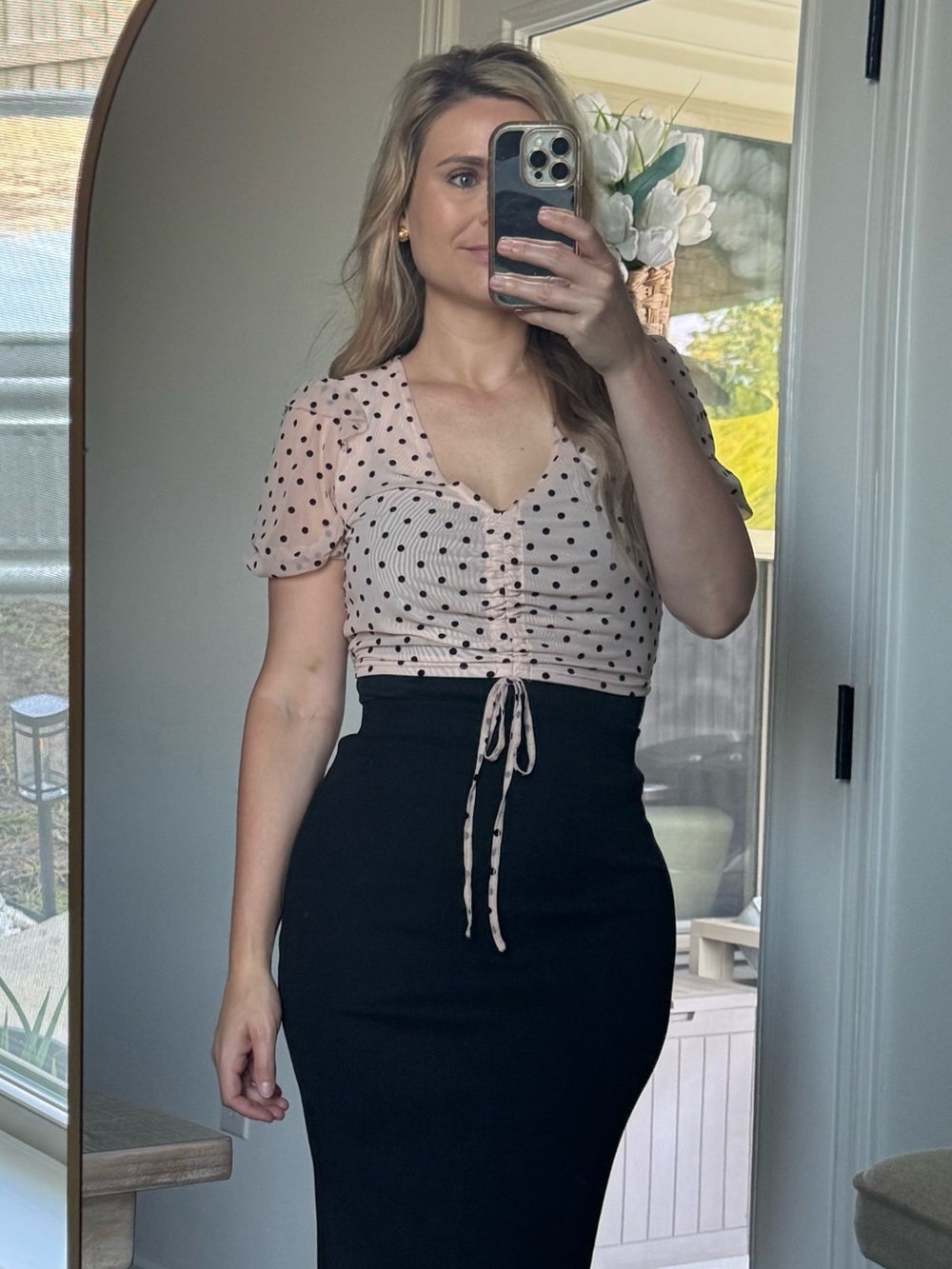 LE LIS Polka Dot Sheer Puff Sleeve Top - Peachy Tone Cream and Black - Picture 13 of 14